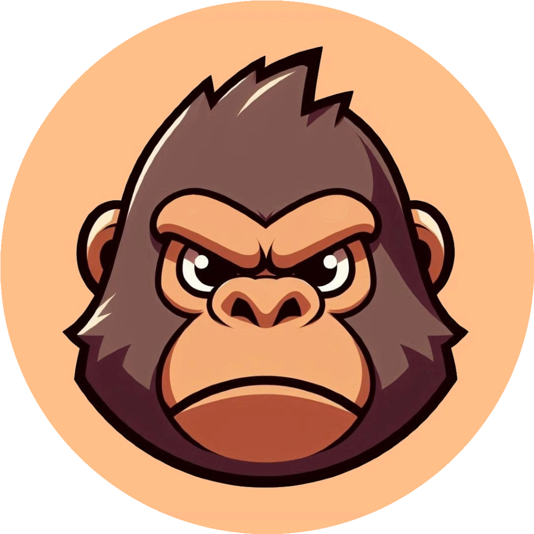 Stylized illustration of a gorilla face against peach-colored circular background, with dark brown fur and serious expression